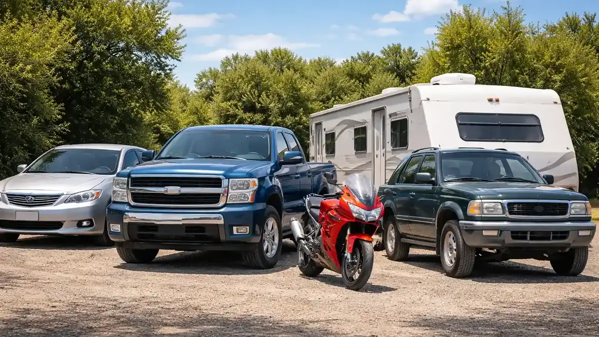 A car, truck, RV, motorcycle, and SUV, representing the range of vehicles accepted for donation